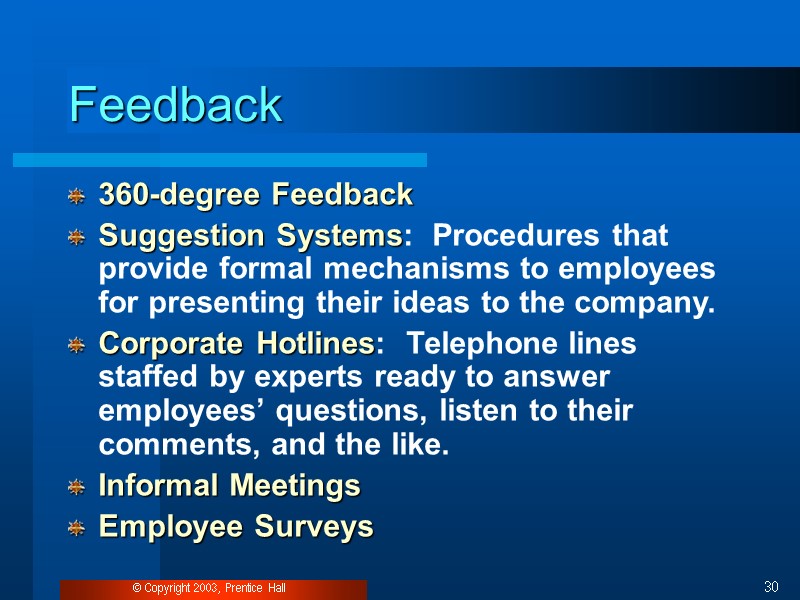 © Copyright 2003, Prentice Hall 30 Feedback 360-degree Feedback Suggestion Systems:  Procedures that